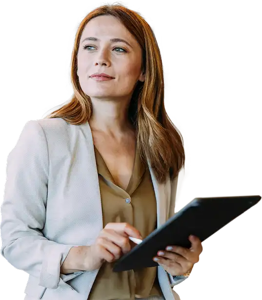 Woman holding a tablet while smiling and looking off into the distance.